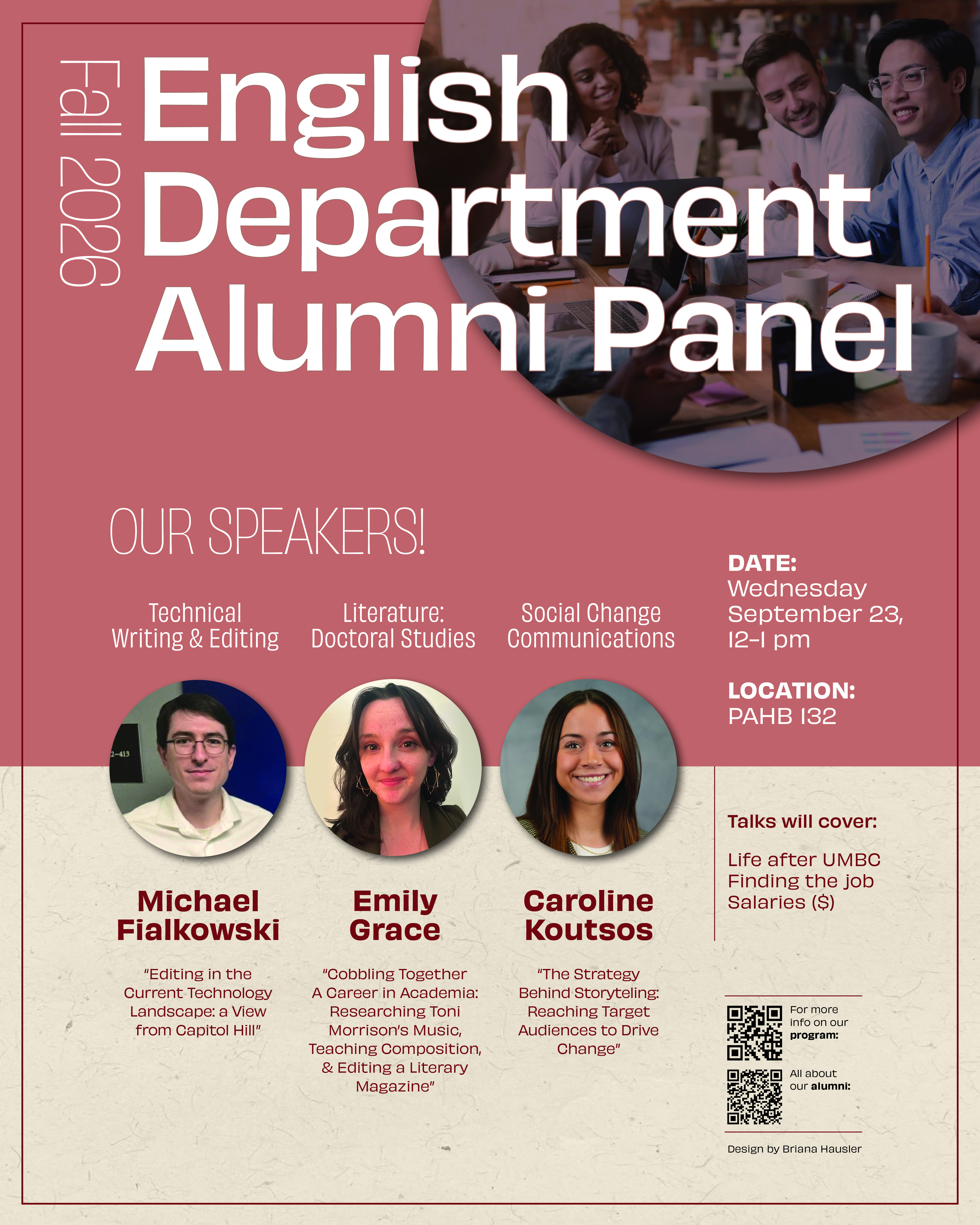 Flyer for Fall 2026 English Department Alumni Panel with images of three speakers and event information