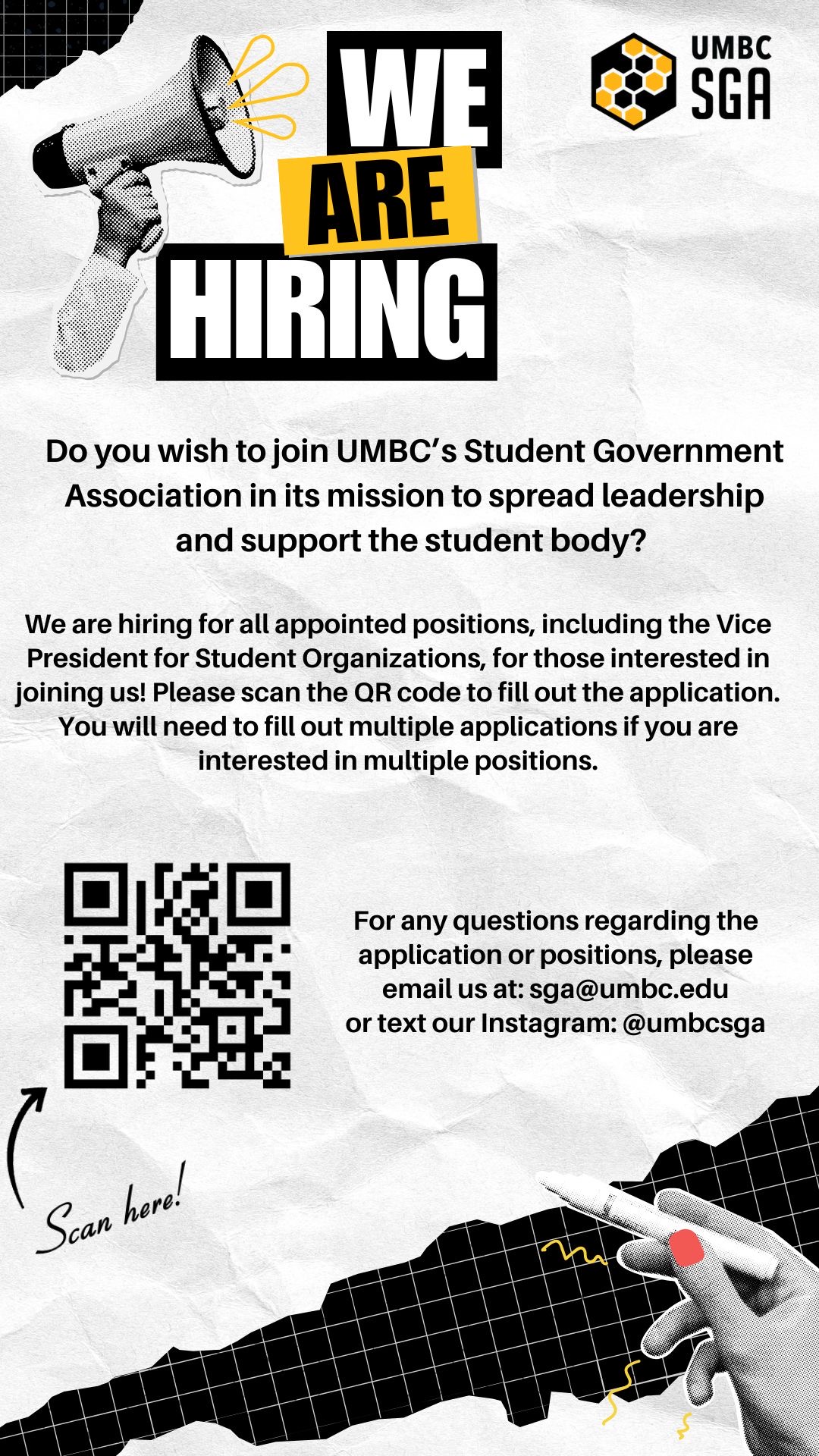We are hiring, megaphone, SGA logo. Text explaining that SGA is hiring for multiple positions and a QR code to access the application.