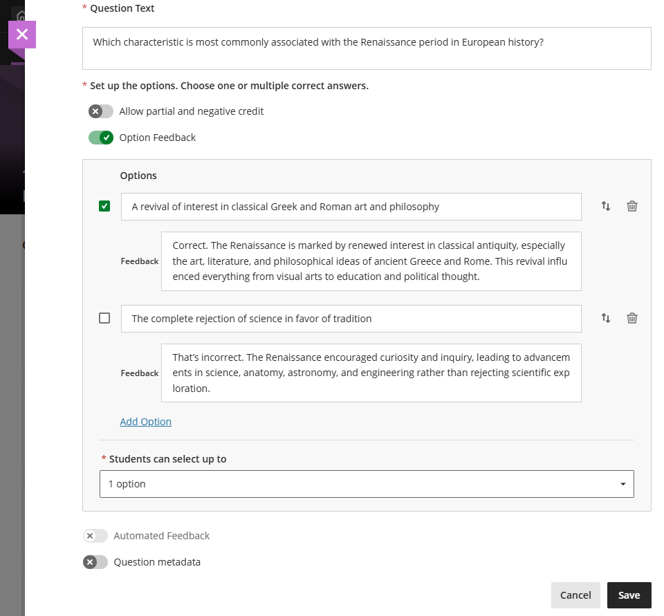 Image 2: Instructors can select the lock icon next to the answer option to lock that option in place. To trigger the lock icons, select Randomize answers in the Assessment Settings.