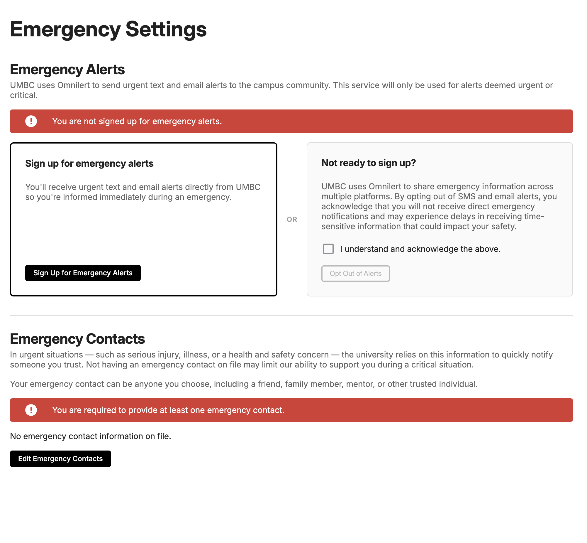 Emergency Settings page with red alerts prompting users to sign up for emergency alerts