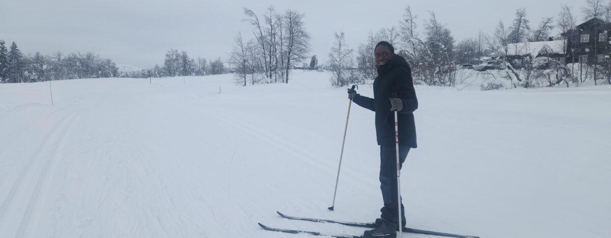 Left: Freeman cross-country skiing in Gausdal, Norway. Right: Freeman enjoys a walk in the mountains.