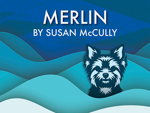Show poster for UMBC Theatre's production of Merlin. Features a small dog in water.