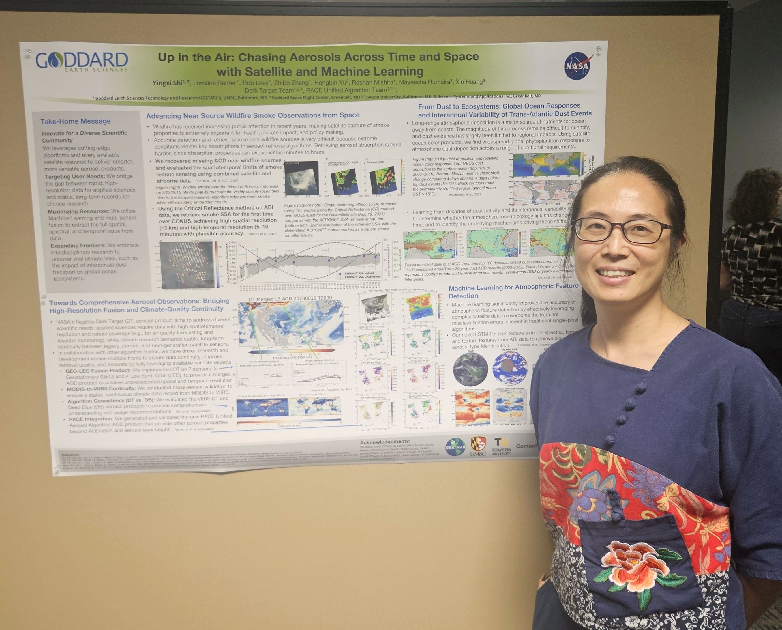 Dr. Yingxi Shi stands in front of her poster "Up in the Air: Chasing Aerosols Across Time and Space with Satellites and Machine Learning"
