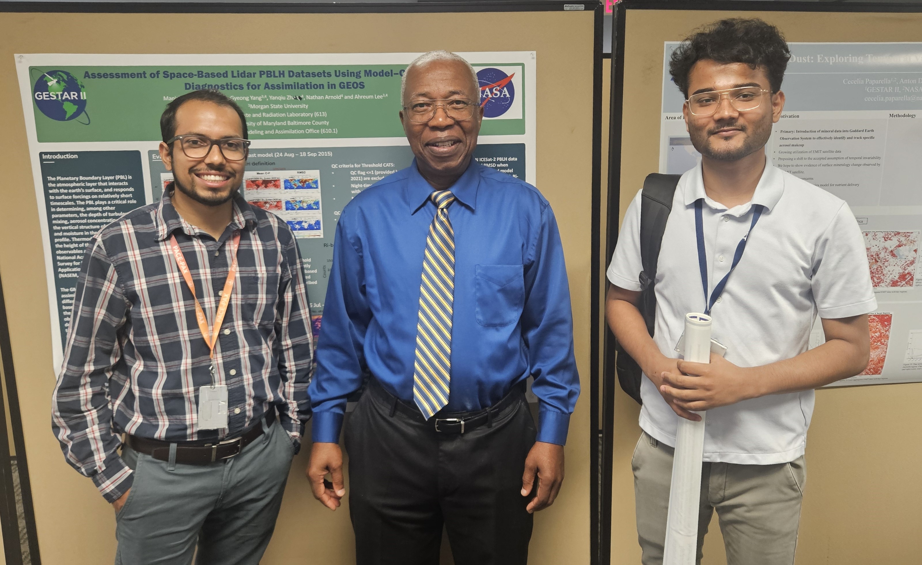 Drs. Kamal Aryal, Charles Ichoku, and Sujan Neupane stand in front of poster displays.