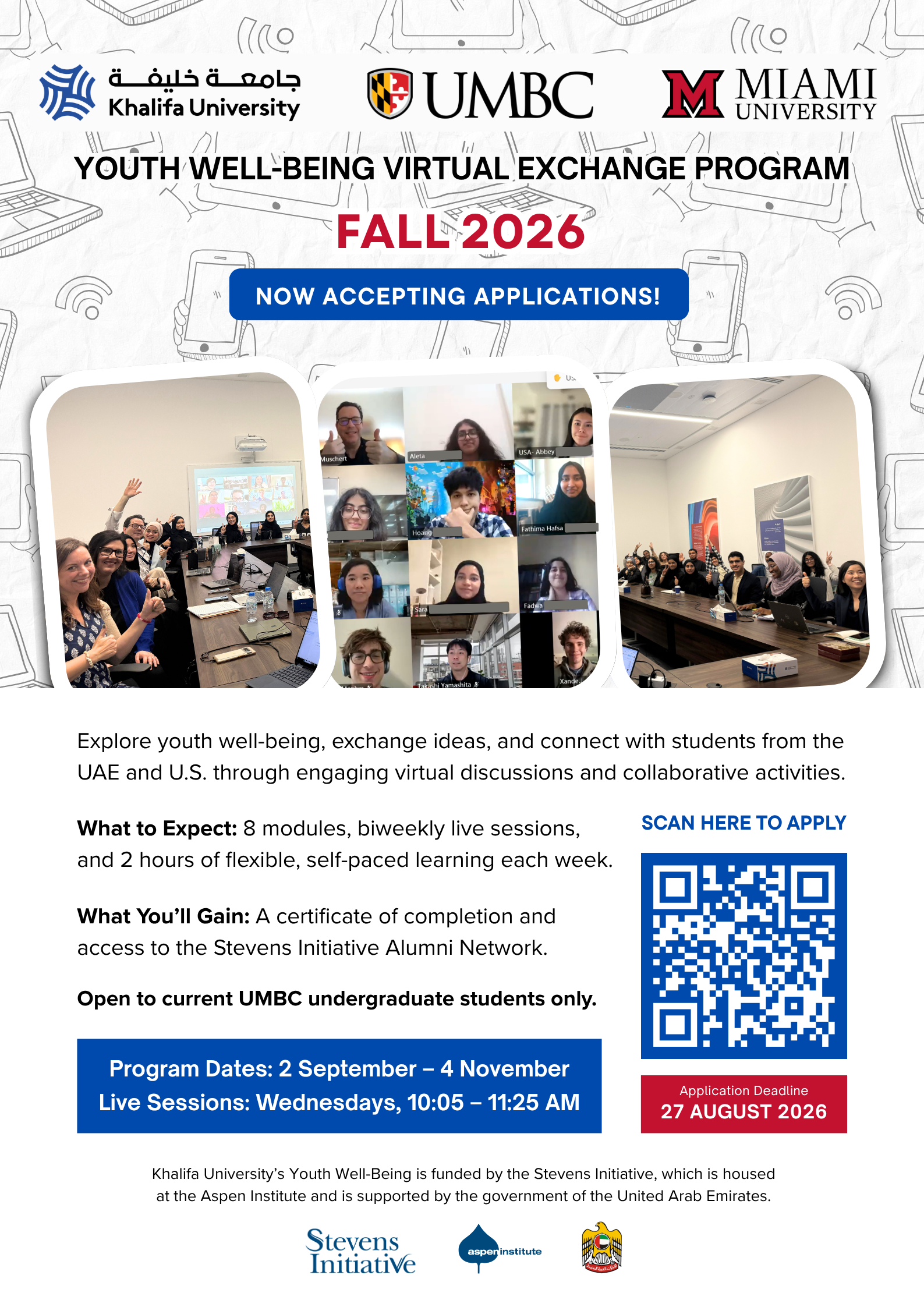 Flyer for the Fall 2026 Youth Well-Being Virtual Exchange Program for UMBC undergraduates, co-hosted with Khalifa University and Miami University. Contains program details, schedule, an August 27, 2026 application deadline, and a QR code to apply.