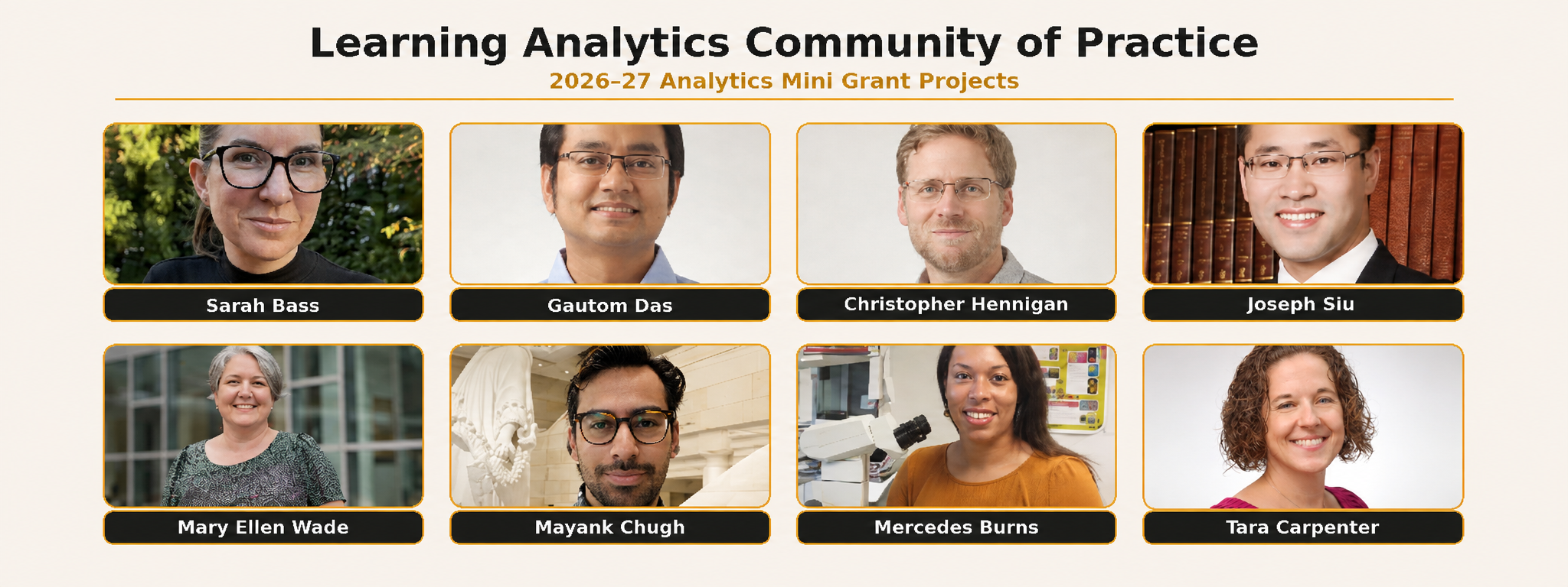 Banner for the Learning Analytics Community of Practice’s 2026–27 Analytics Mini Grant Projects, featuring eight project leads in a two-row grid: Sarah Bass, Gautom Das, Christopher Hennigan, Joseph Siu, Mary Ellen Wade, Mayank Chugh, Mercedes Burns, and Tara Carpenter.