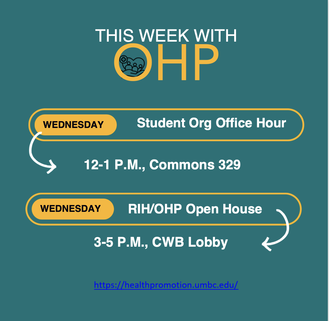 al graphic with bright yellow-orange rounded rectangular borders and pill-shaped labels. At the top, large white text reads “THIS WEEK WITH” above a yellow-orange OHP logo. Two Wednesday event sections are displayed: “Student Org Office Hour” with “12–1 P.M., Student Organizations” and “RIH/OHP Open House” with “3–5 P.M., CWB Lobby.” White curved arrows point from each event title to its corresponding time and location. A blue underlined website appears at the bottom.