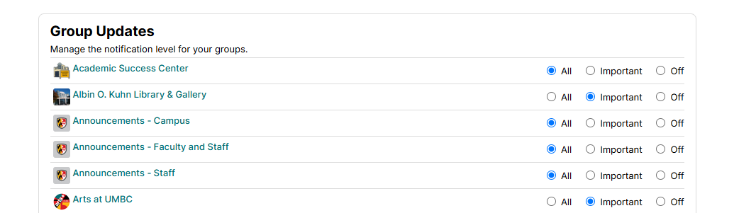 Screenshot of a list of Groups on myUMBC that shows how users can select "all", "Important", and "Off' for email notifications