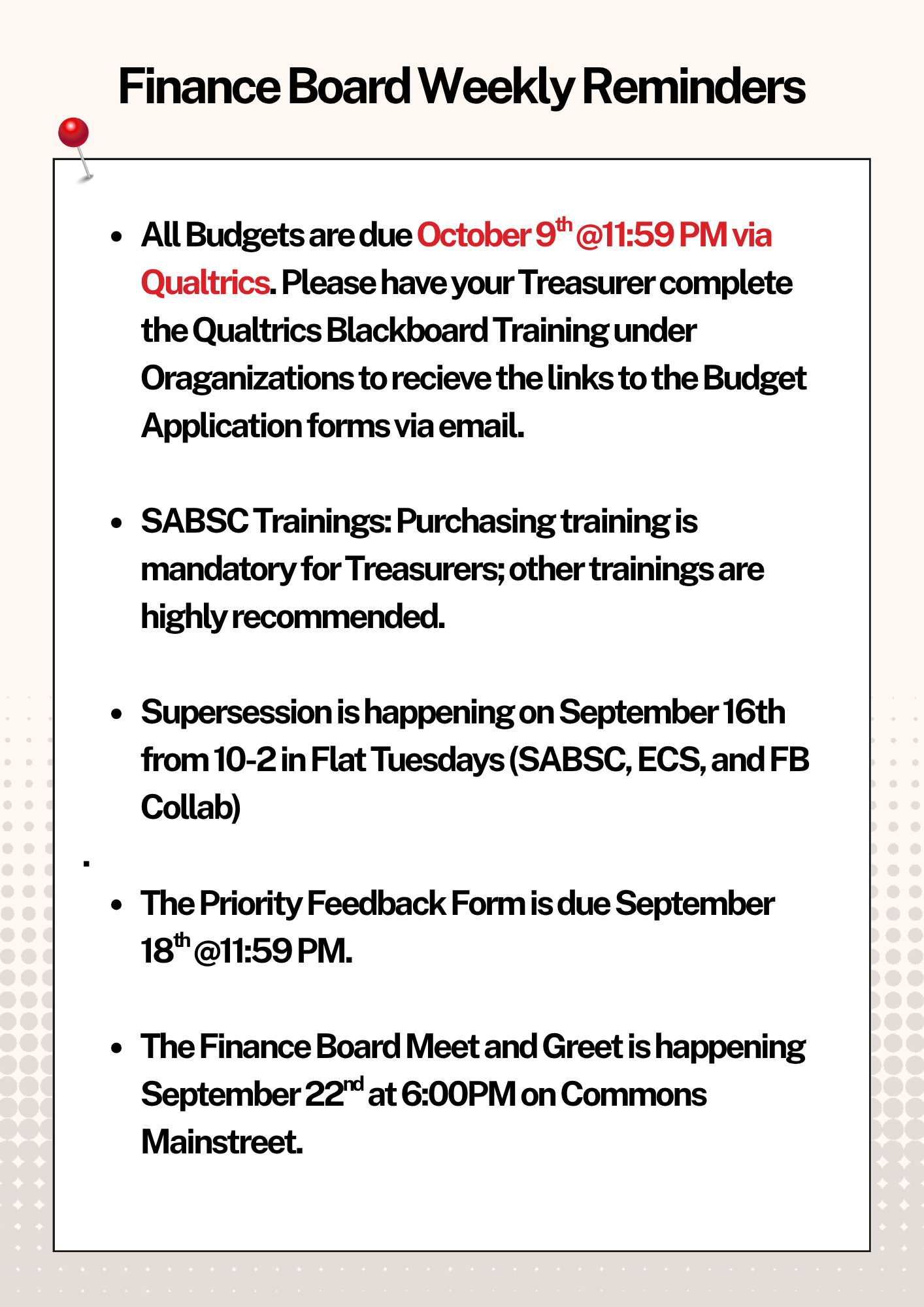 Updates for the week of Sept 8 from SGA Finance Board