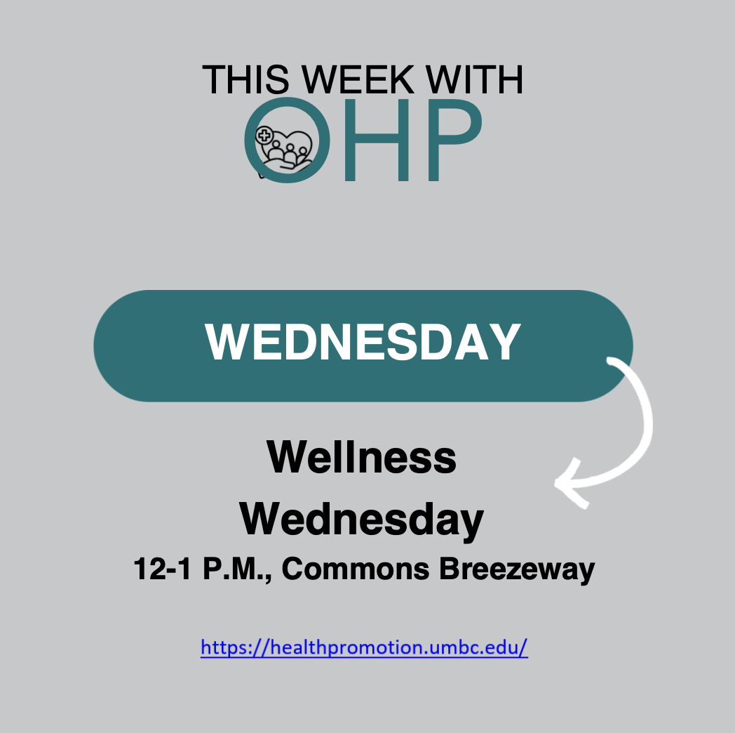 A graphic from OHP announces Wellness Wednesday, taking place Wednesday from 12–1 p.m. at the Commons Breezeway. The graphic includes the OHP logo and a link to the Health Promotion website.
