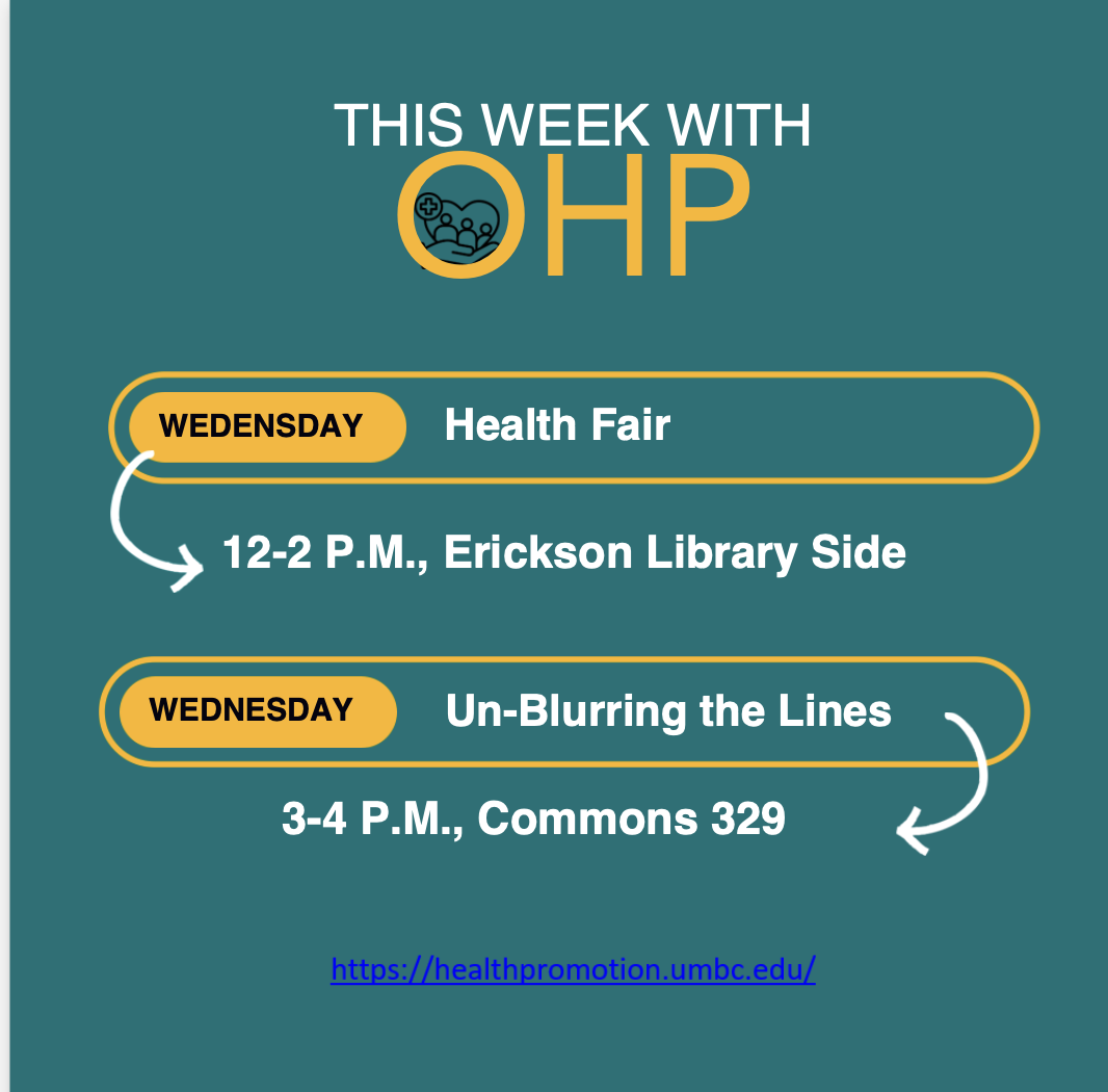 This Week with OHP: Health Fair Wednesday 12–2 p.m. at Erickson Library and Un-Blurring the Lines Wednesday 3–4 p.m. in Commons 329.