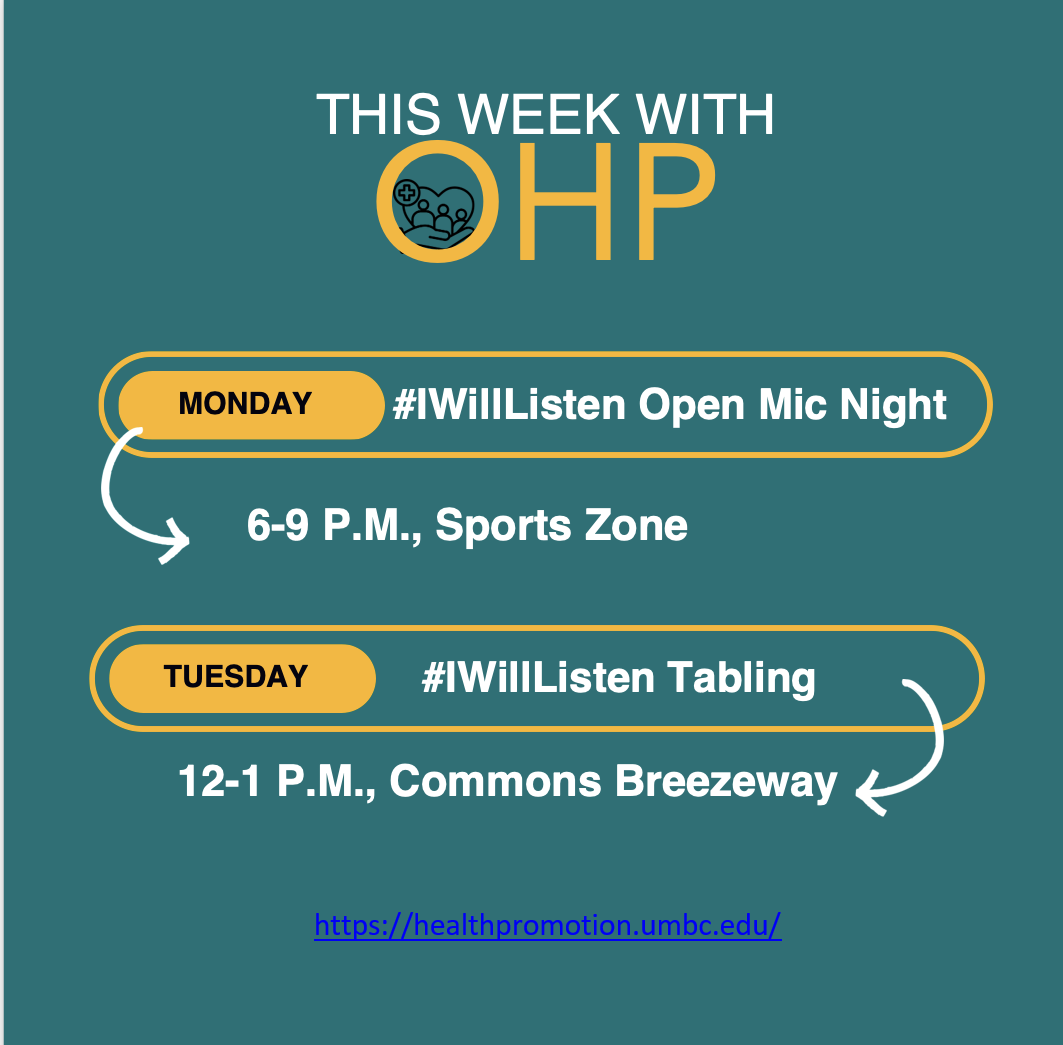 This Week with OHP” graphic featuring two events: #IWillListen Open Mic Night, Monday from 6–9 p.m. at Sports Zone, and #IWillListen Tabling, Tuesday from 12–1 p.m. in the Commons Breezeway. OHP logo and website appear at the bottom.
