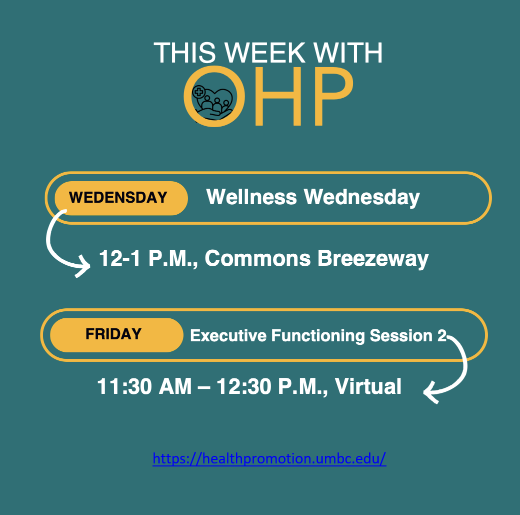 This Week with OHP” graphic featuring two events: Wellness Wednesday, Wednesday from 12–1 p.m. in the Commons Breezeway, and Executive Functioning Session 2, Friday from 11:30 a.m.–12:30 p.m. virtually. OHP logo and website appear at the bottom.
